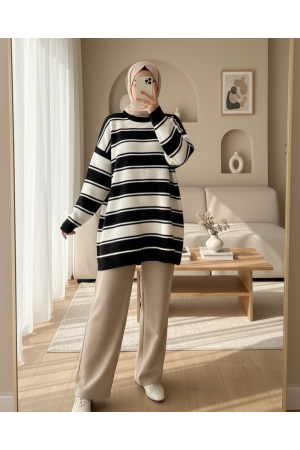 Kalın Çizgili Salaş Triko Tunik -Siyah