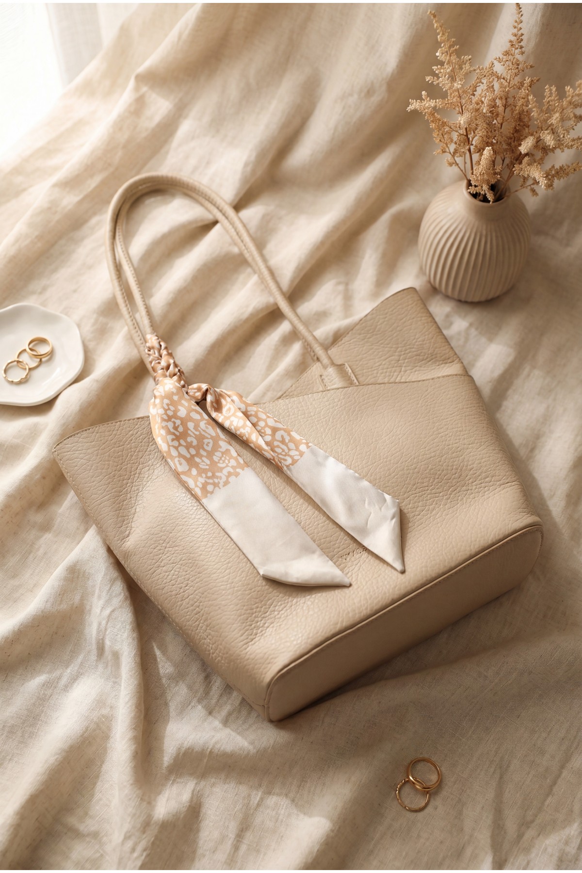 Crossbody Women's Bag with Scarf Detail and Shoulder Strap -Mink color