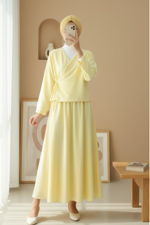 Yandan Bağlamalı Etekli Keten Takım  -Sarı