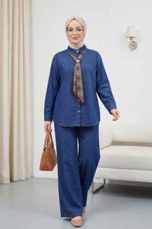 Broşlu Kemerli Taşlı Düğmeli Pantolonlu Tensel Kot Takım  -İndigo