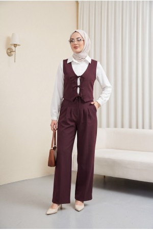 Önü Bağlamalı Yelek Pantolon İkili Takım    -K. Bordo