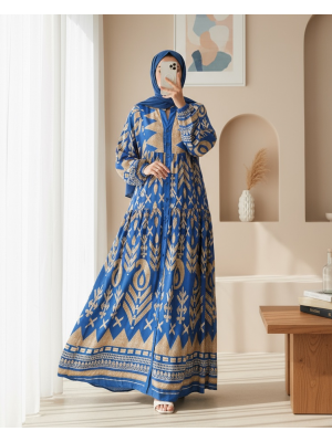 2423 Otantik Desenli Tesettür Elbise - F.Mavi