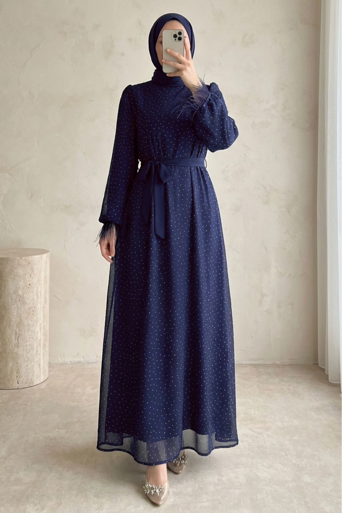 Belted Dress with Feathered Sleeves and Sprinkled Stone Details -Navy blue