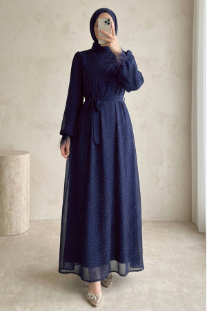 Belted Dress with Feathered Sleeves and Sprinkled Stone Details -Navy blue