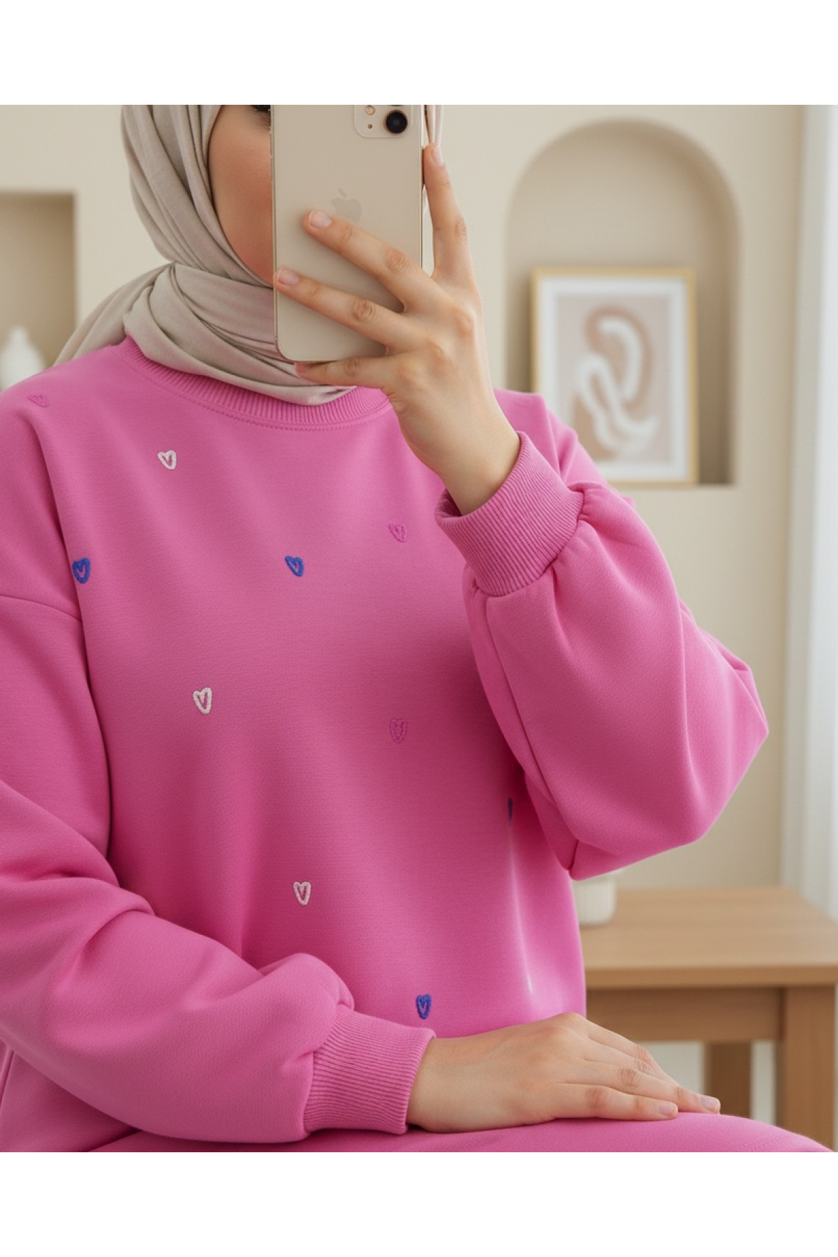 Yuvarlak Yaka Kalp Desenli Penye Tunik  -Pembe