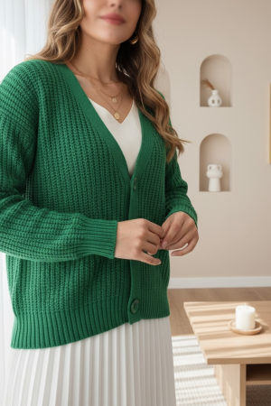 نمط الحياكة سترة بأزرار   -أخضر