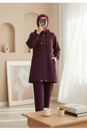 Yarım Fermuarlı Sim Detaylı Kapşonlu Üç İplik Takım  -Mürdüm