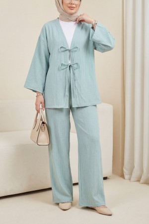 Önü Çift Bağcıklı Pantolonlu Krınkıl Takım  -Su Yeşili