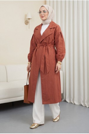 Kolu Lastikli Kemerli Astarlı Trençkot -Kiremit