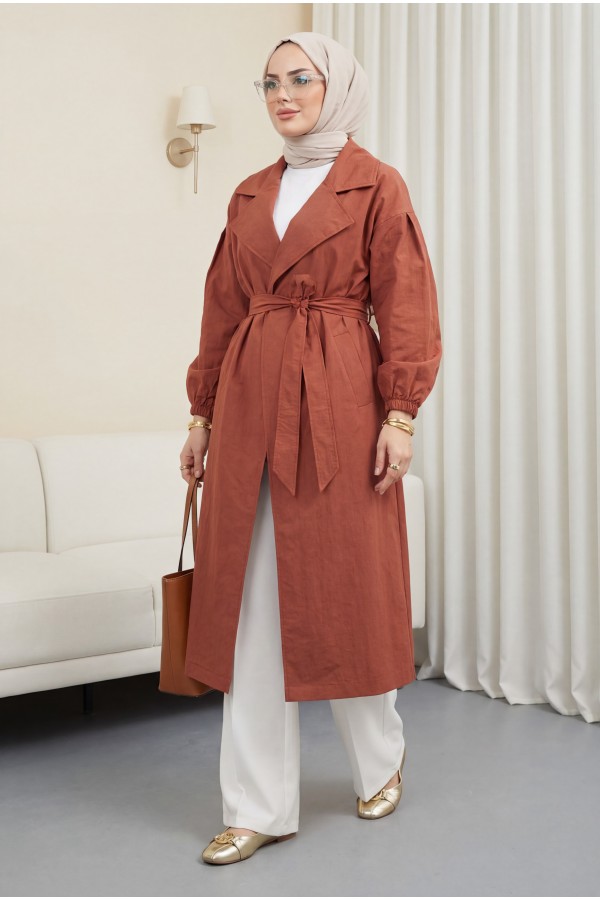 Belted Lined Trench Coat with Elastic Sleeves -Brick color