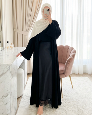 Satin Skirt with Lace Hem -Black