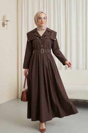 Half-buttoned, collared, side pocket, belted cotton satin dress. -Brown