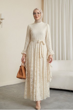 Floral Patterned Guipure Lace Dress with Ruffled Sleeves, Belt, and Lining -Light Mink