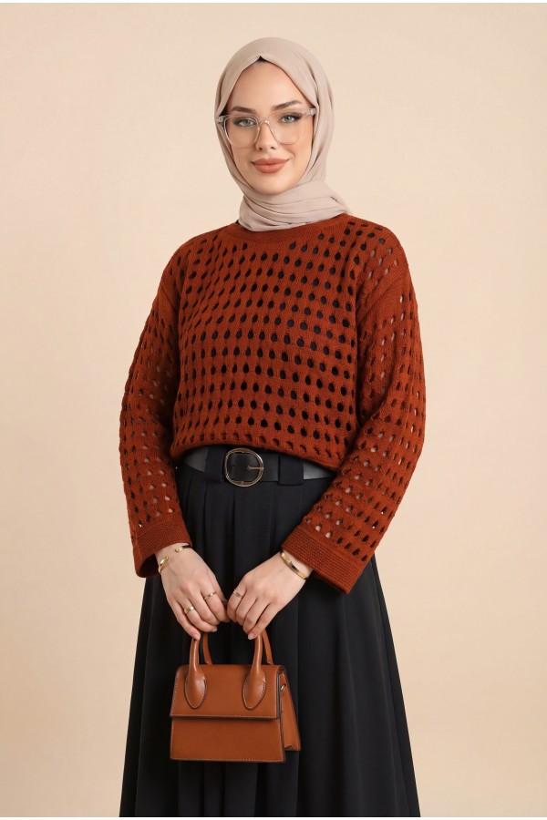 Boat Neck Openwork Knit Sweater  -Brick color