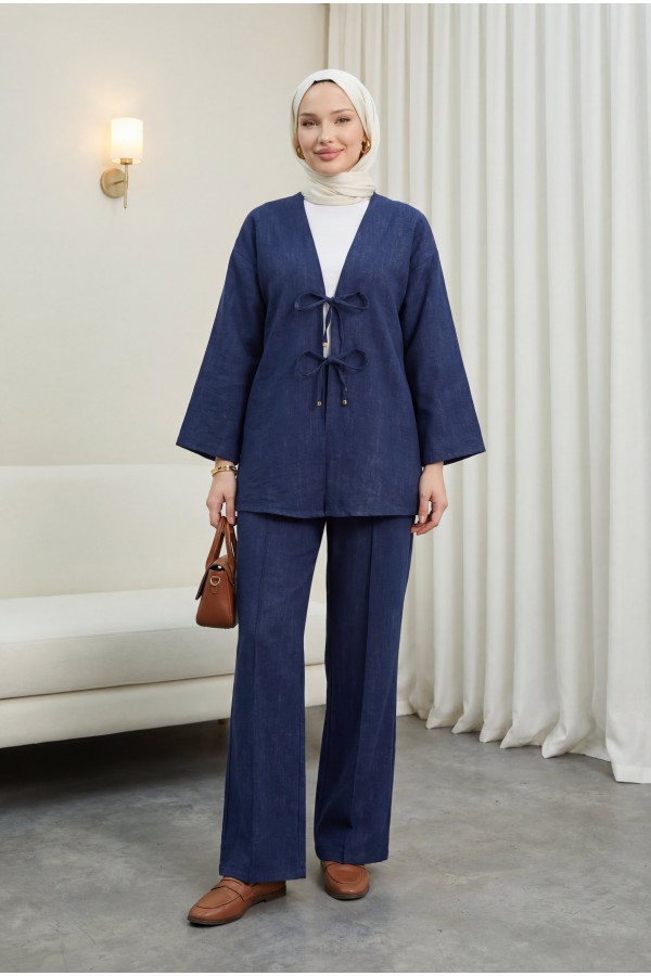 Önü Bağlamalı Pantolonlu Keten Görünümlü Kimono Takım  -Laci
