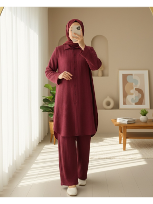 Düğmeli Uzun Pantolonlu Krinkıl Takım  -Bordo