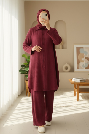Düğmeli Uzun Pantolonlu Krinkıl Takım  -Bordo