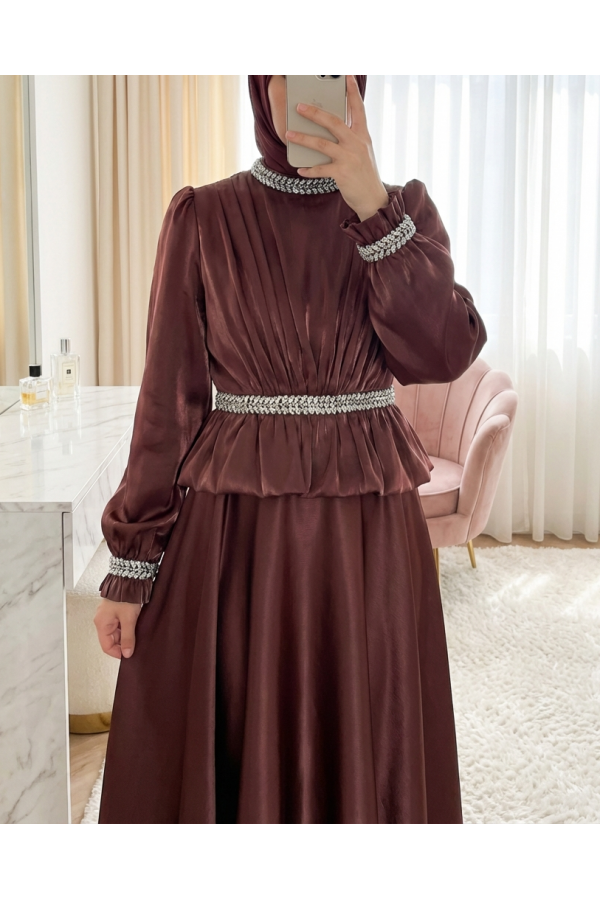 Satin Evening Dress with Ruffled Waist Detail and Rhinestone Embellishments -Dried rose
