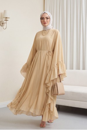 Yanı Fırfırlı Asimetrik Kesim Bağcıklı İçlikli Şifon Elbise Abaya Takım  -Bej