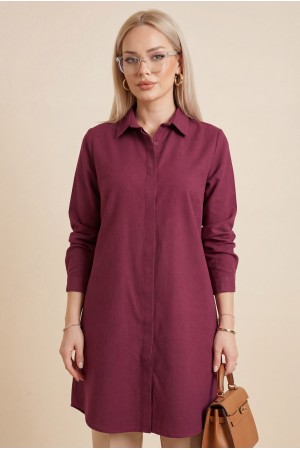 Gizli Düğmeli Oval Kesim Uzun Gömlek  -Bordo