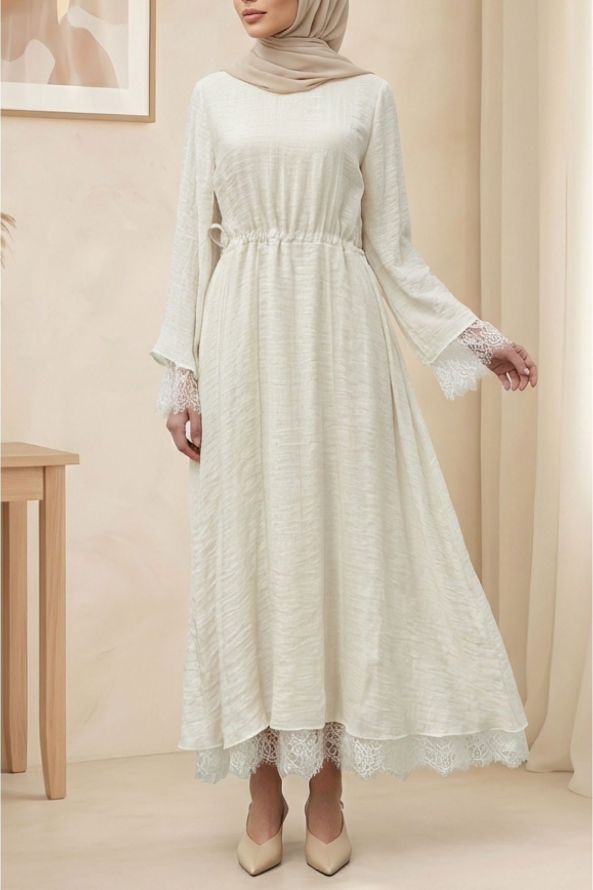Women's Long Dress with Lace Detail and Waist Tie