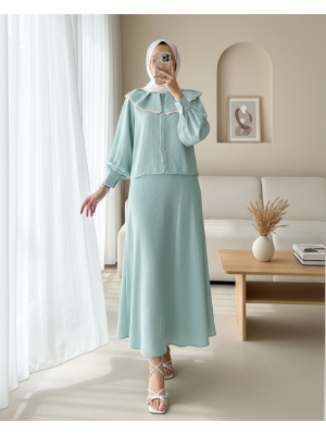 Dantelli Marul Yaka Saf Keten Etekli Takım  -Su Yeşili