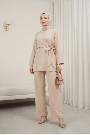 Beli Çapraz Bağlamalı Pantolonlu Modal Takım  -Bej