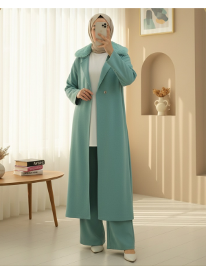 Yakası Kürklü Çift Düğmeli Uzun Triko Hırka -Mint