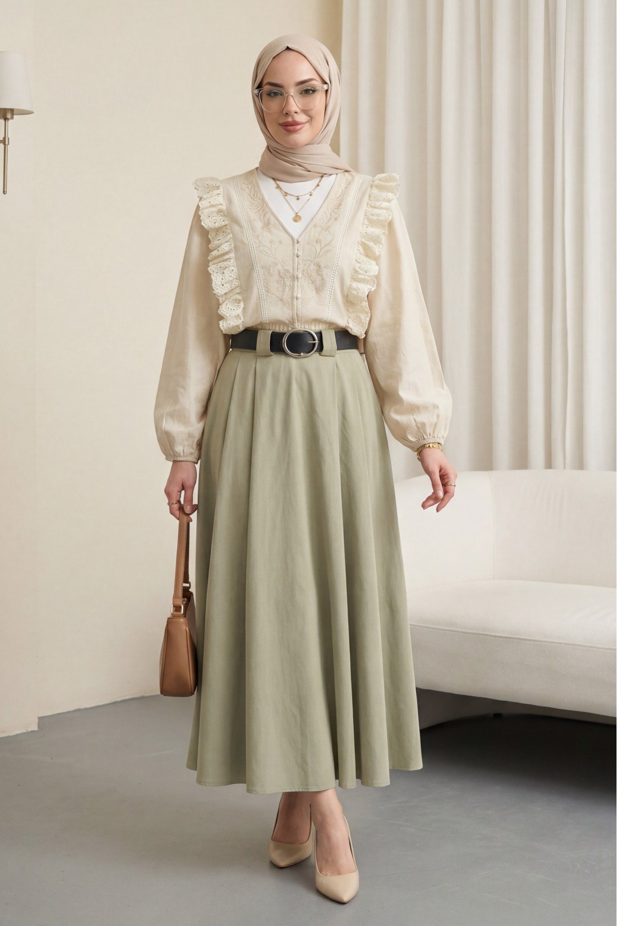 V-Neck Lace Detail Embroidered Balloon Sleeve Linen Shirt - Beige