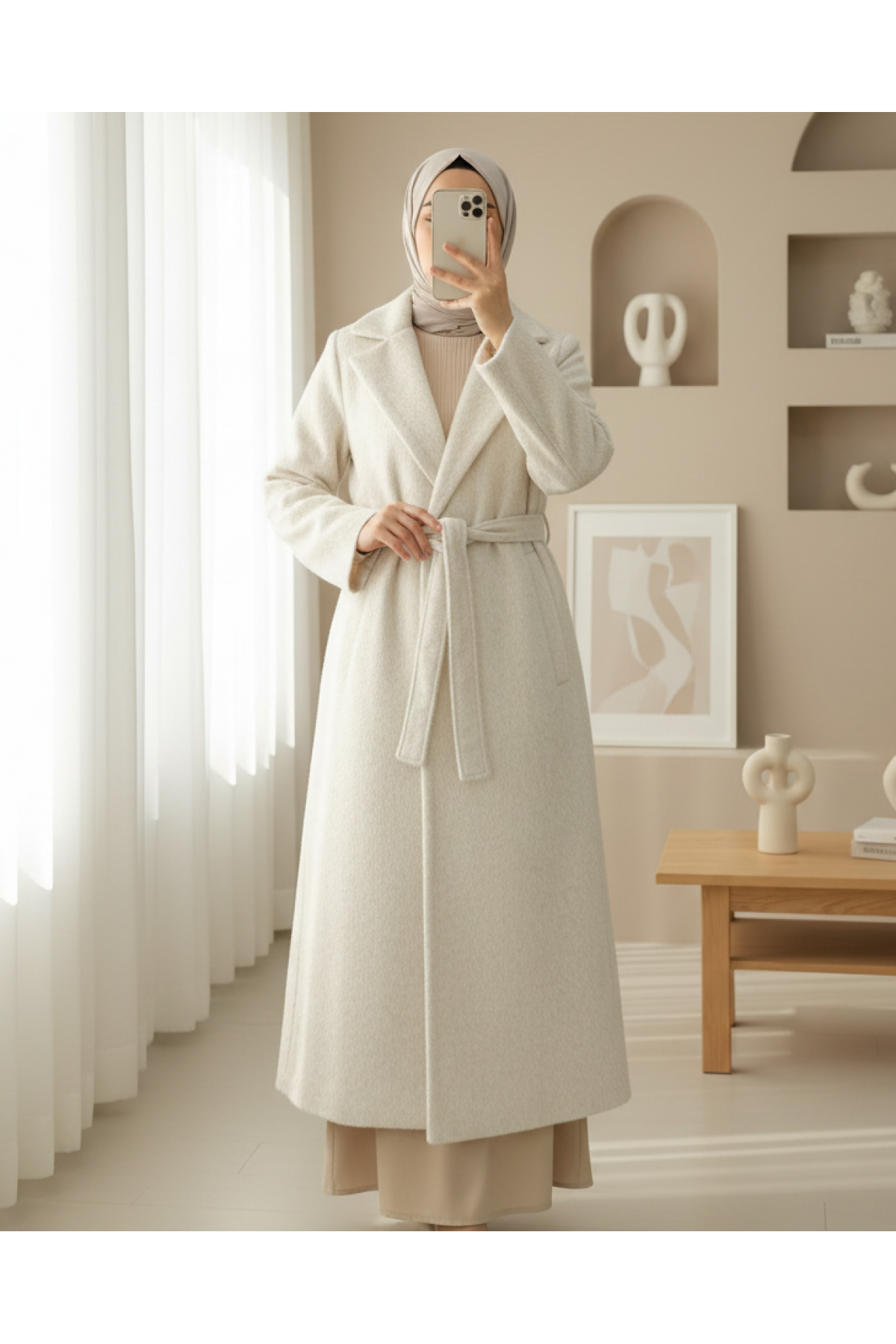 Tied Waist Lined Pocket Bearded Coat -Cream color