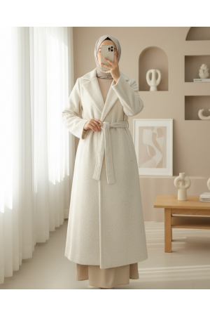 Beli Bağlamalı Astarlı Cepli Sakallı Kaban -Krem