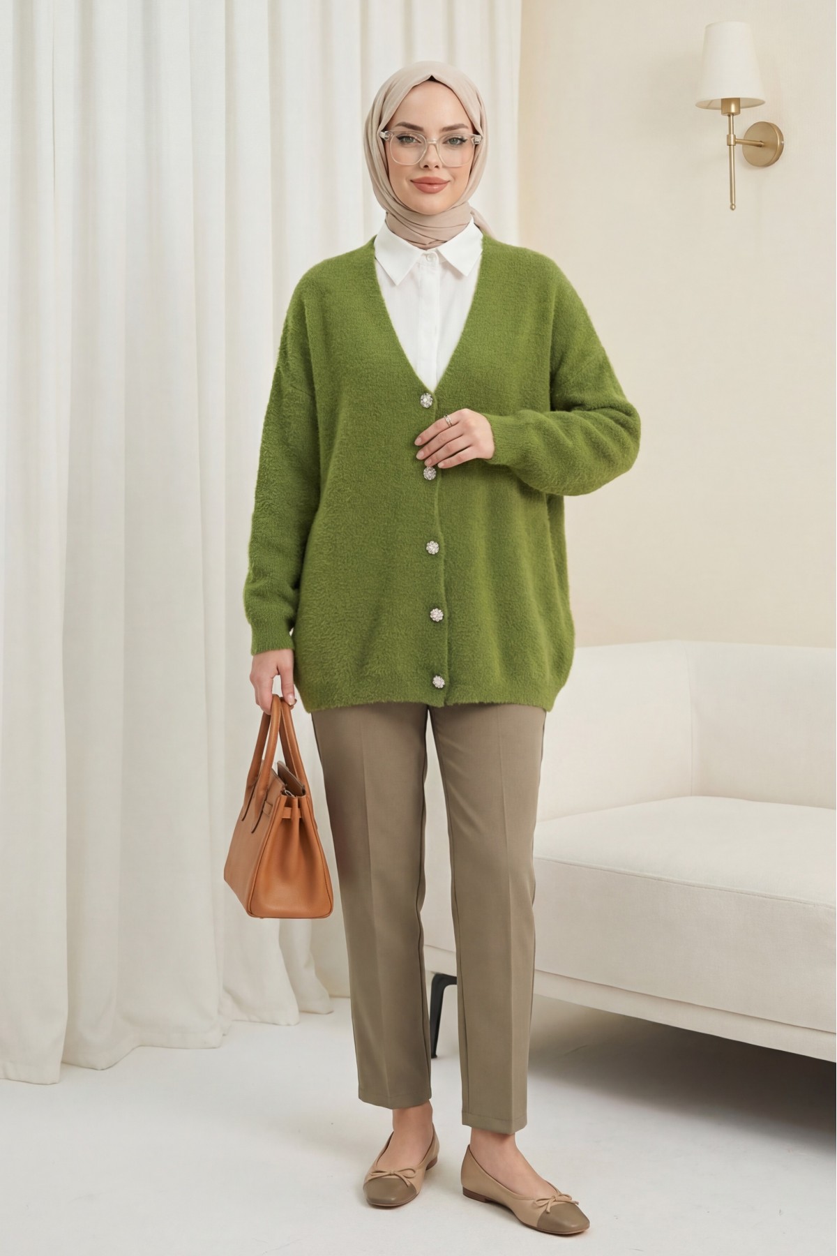 Buttoned Front Bearded Casual Knit Cardigan    -Khaki