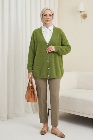 Buttoned Front Bearded Casual Knit Cardigan    -Khaki