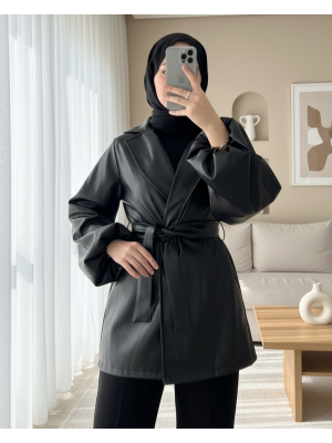 Balon Kol Kemerli Deri Ceket -Siyah