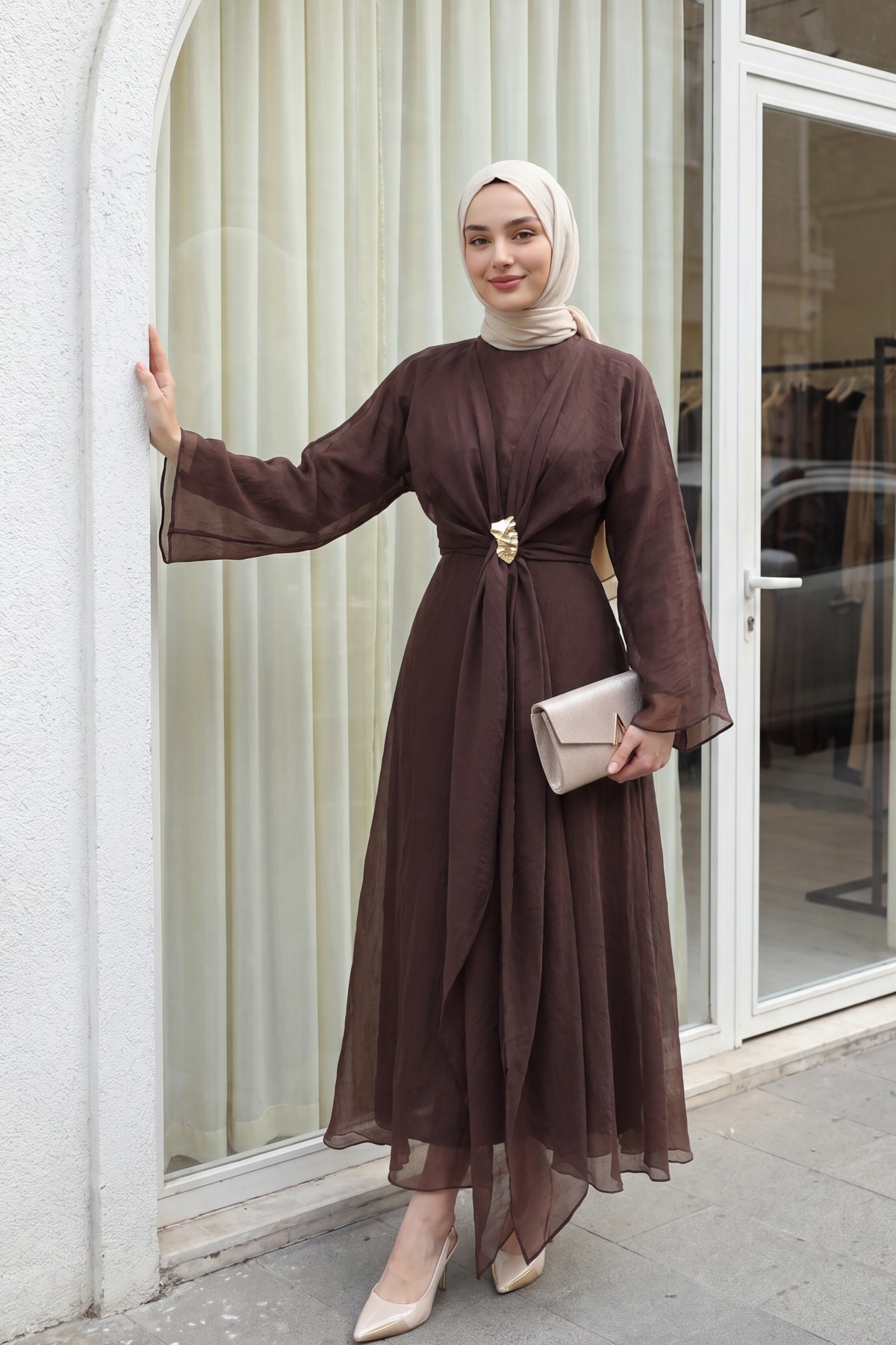 Long Tulle Modal Dress with Tie-Up Bolero and Lining -Brown