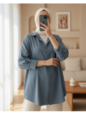 3900 Oversize Uzun Basic Gömlek - İndigo