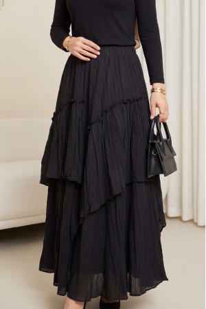 Beli Lastikli Keten Vual Katlı Etek -Siyah