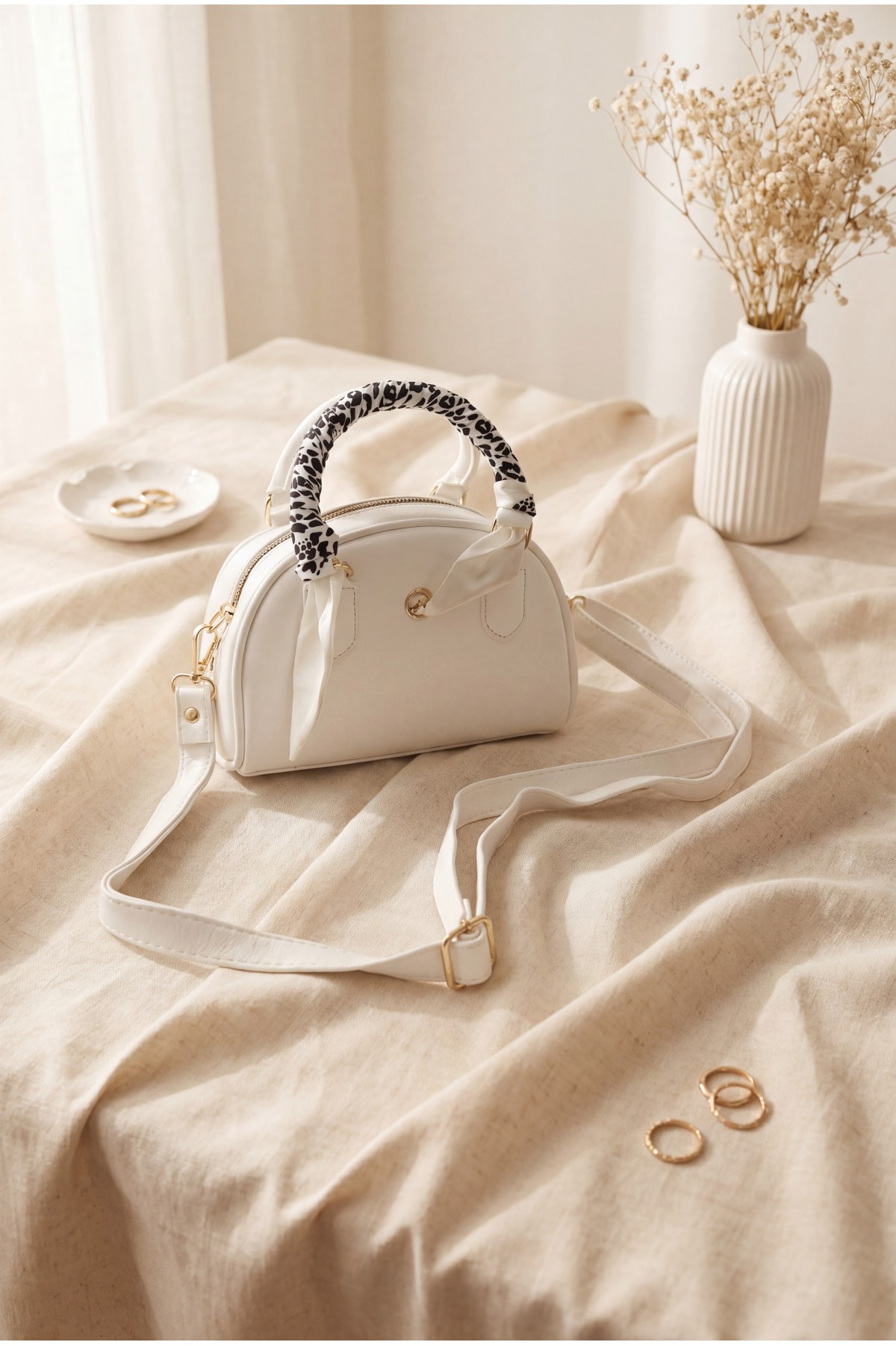 Long-Strap Zippered Bag with Scarf Detail -White