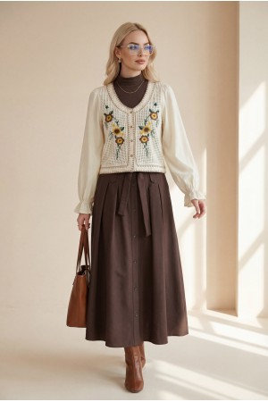 Çiçek Nakışlı Triko Detaylı Düğmeli Bohem Bluz -Bej