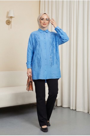 قميص الترتر بنمط أوراق الشجر -اللون النيلي