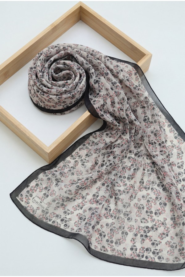 Crisp Floral Patterned Voile Scarf -Cream color