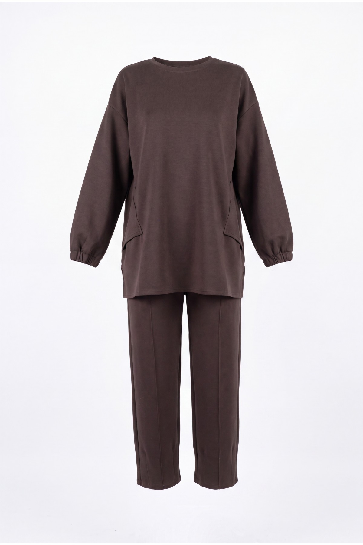 Oysho Set with Long Back, Bicycle Collar, Elasticated Sleeves and Trousers -Dark Coffee
