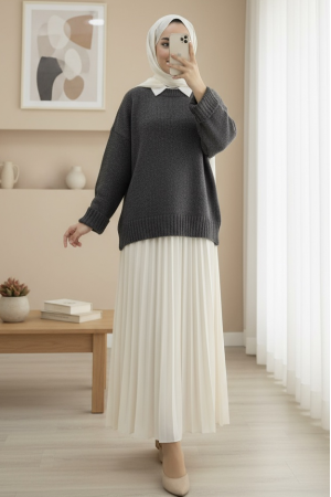Crew Neck Skirted Ribbed Casual Knitwear Sweater -Smoked 