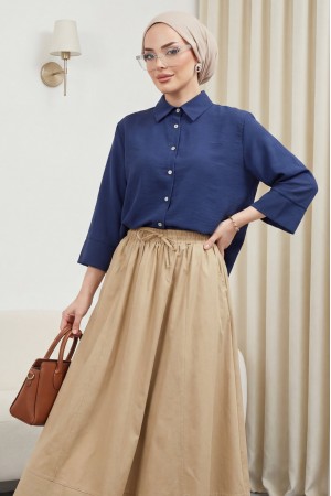 V Yaka Düğmeli Yarım Kol Modal Gömlek -Laci
