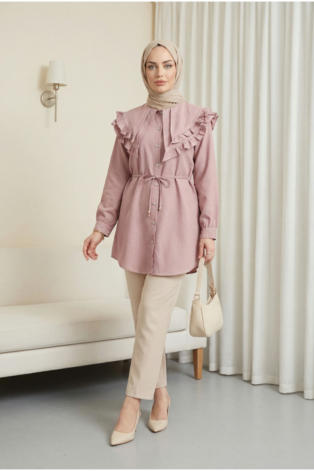 Linen Tunic with Double Layer Ruffled Collar, Buttoned Waist, and Drawstring -Powder