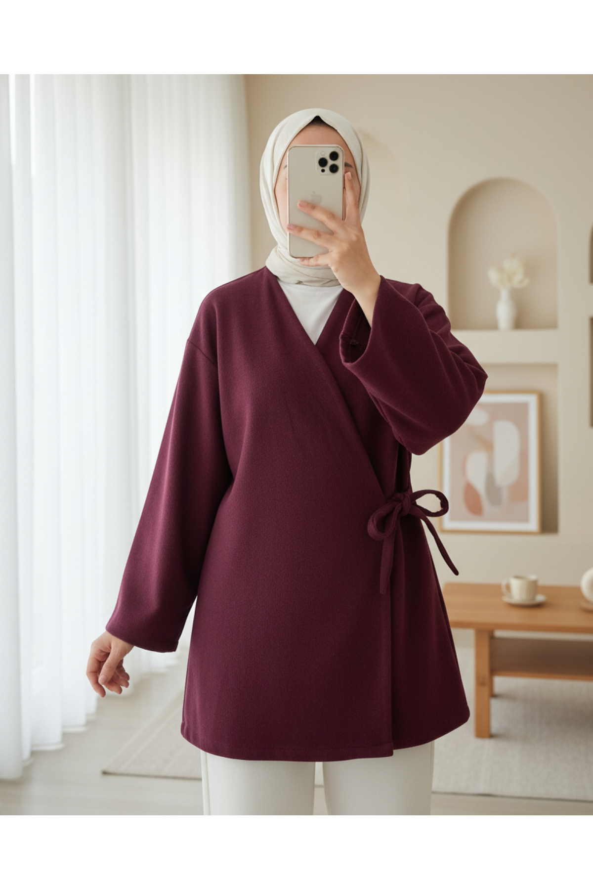 Cross-Laced Stamped Kimono -Maroon