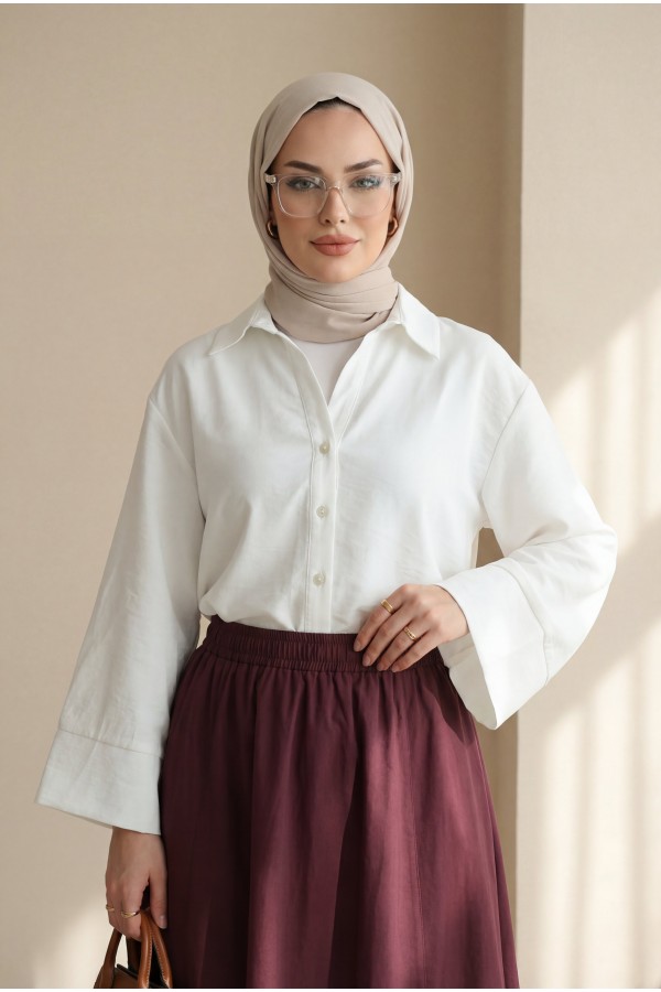 V Yaka Düğmeli Yarım Kol Modal Gömlek -Beyaz