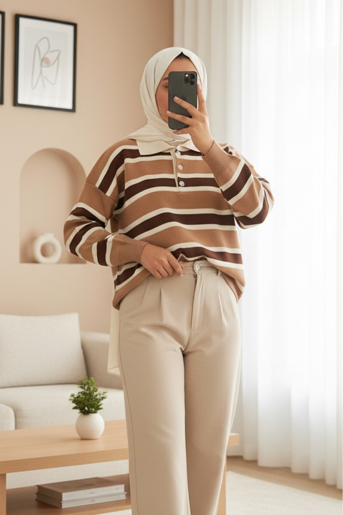 Women's Striped Polo Neck Knitwear Sweater 15952 