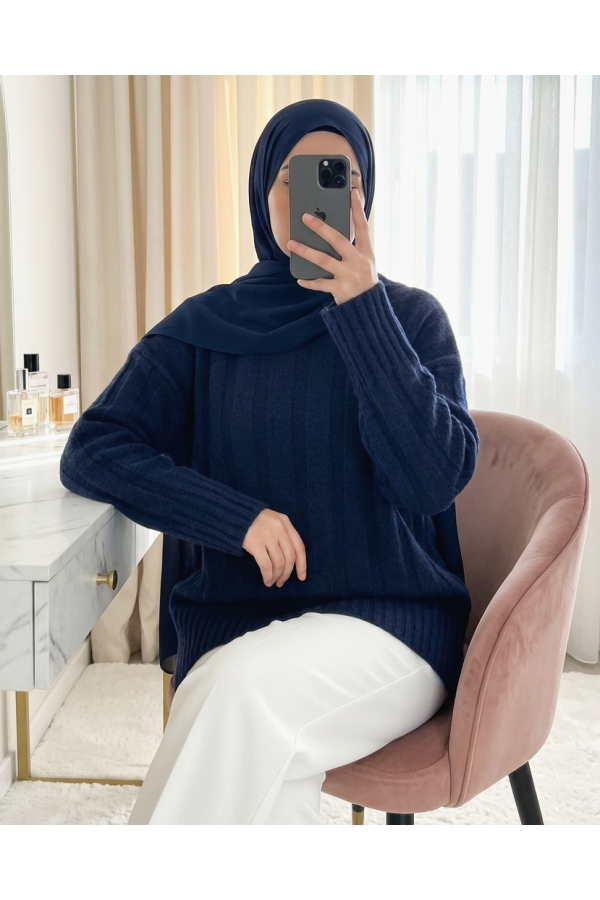 Half-Neck Striped Patterned Soft Knit Sweater -Navy blue