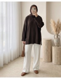 Etek Ucu ve Kol Manşeti Fitilli Yuvarlak Yaka Yırtmaçlı Triko Tunik -K. Kahve